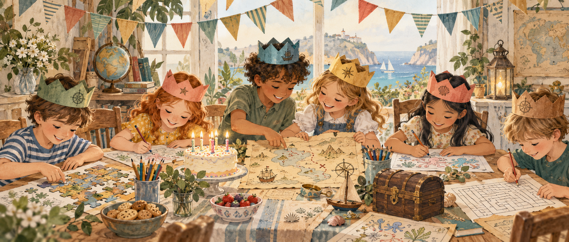 Children drawing and playing at a birthday party
