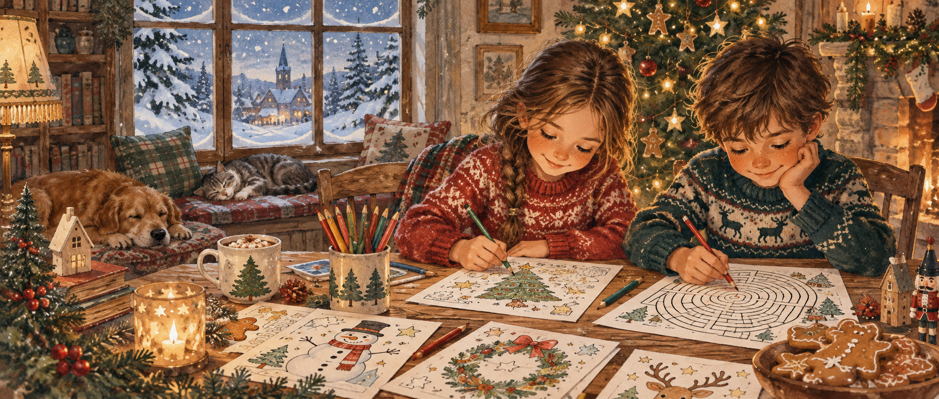 Children completing printable Christmas puzzles and colouring beside a decorated tree