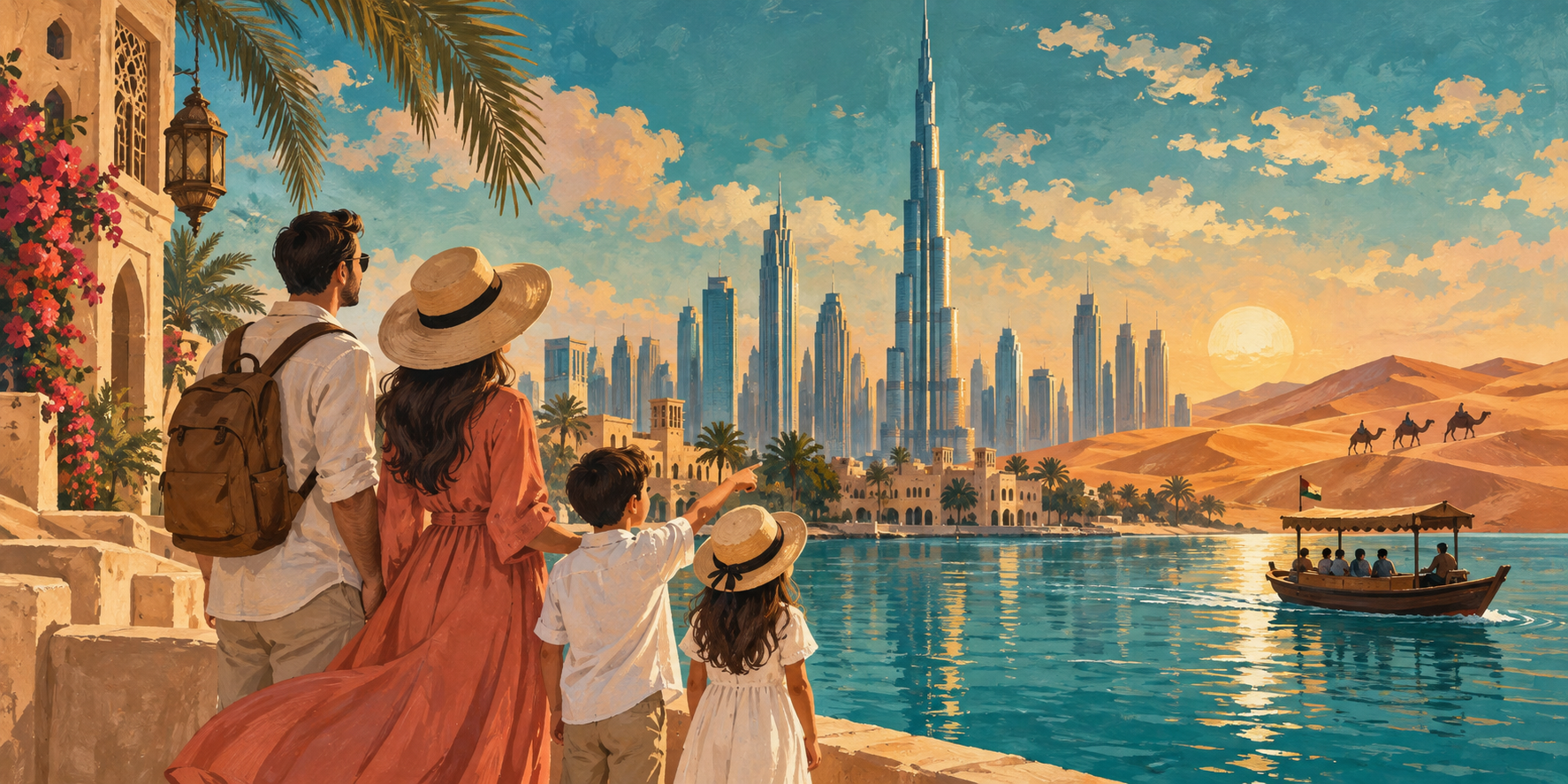 A family looking across Dubai towards the Burj Khalifa, desert and an abra boat