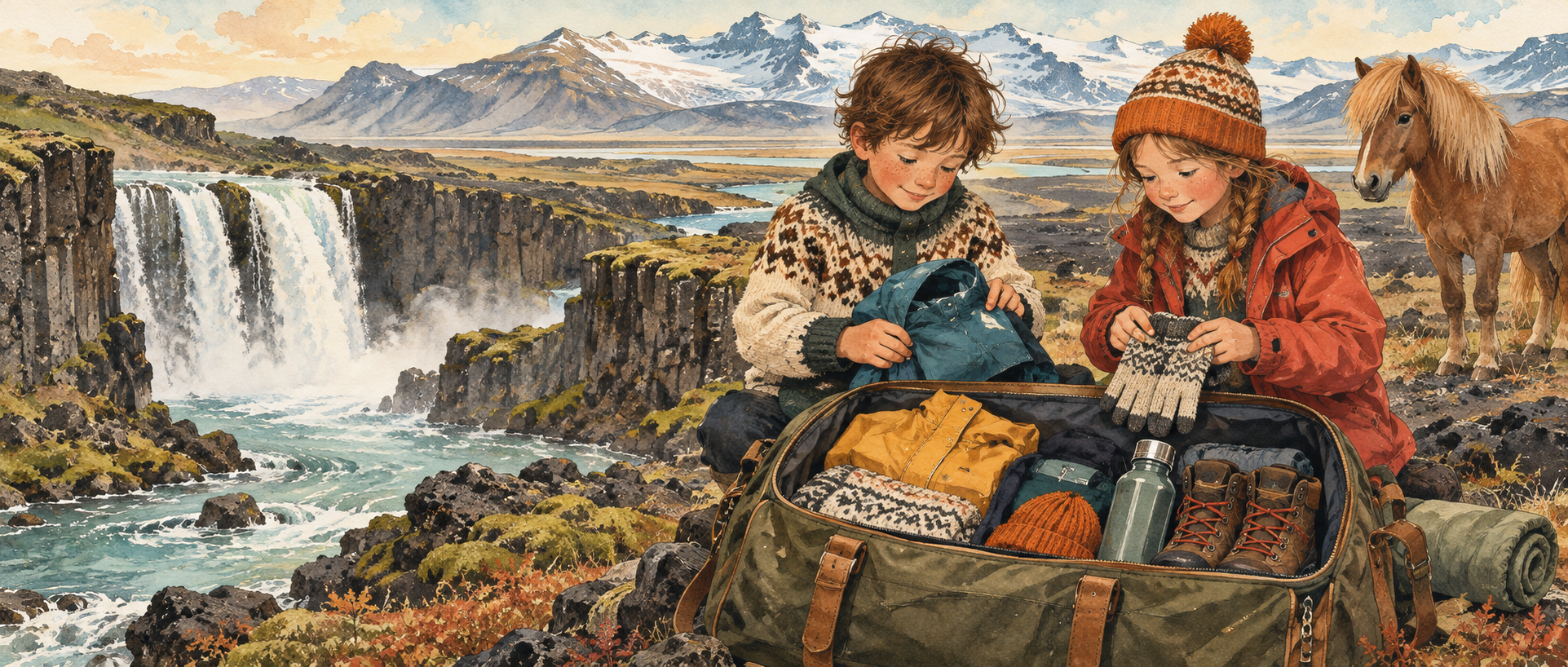 Two children packing warm clothes beside an Icelandic waterfall, mountains and a horse