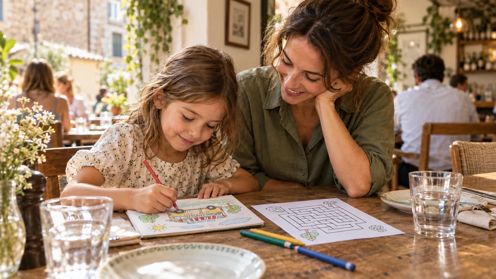 Child drawing with her mum at a restaurant
