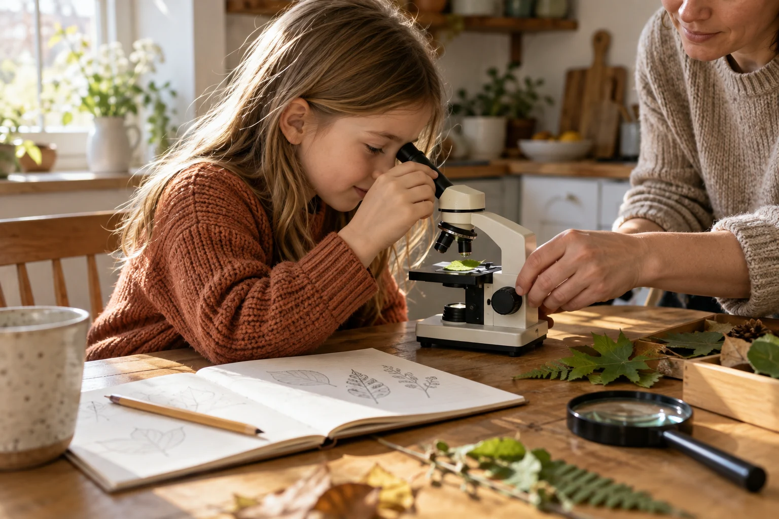 Child exploring a leaf through a microscope