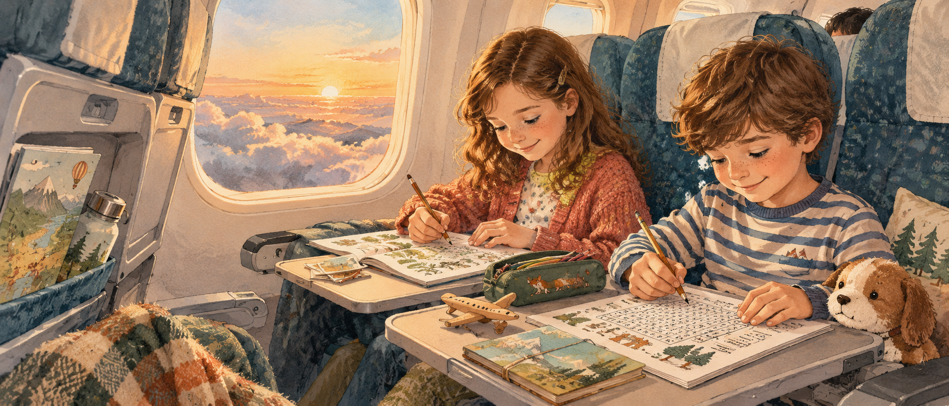 Children enjoying paper activities on a flight