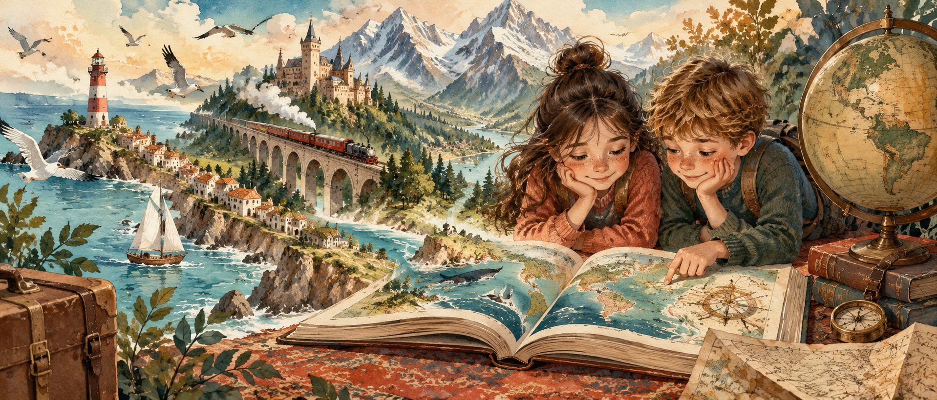 Two children exploring an illustrated travel book beside maps and a globe