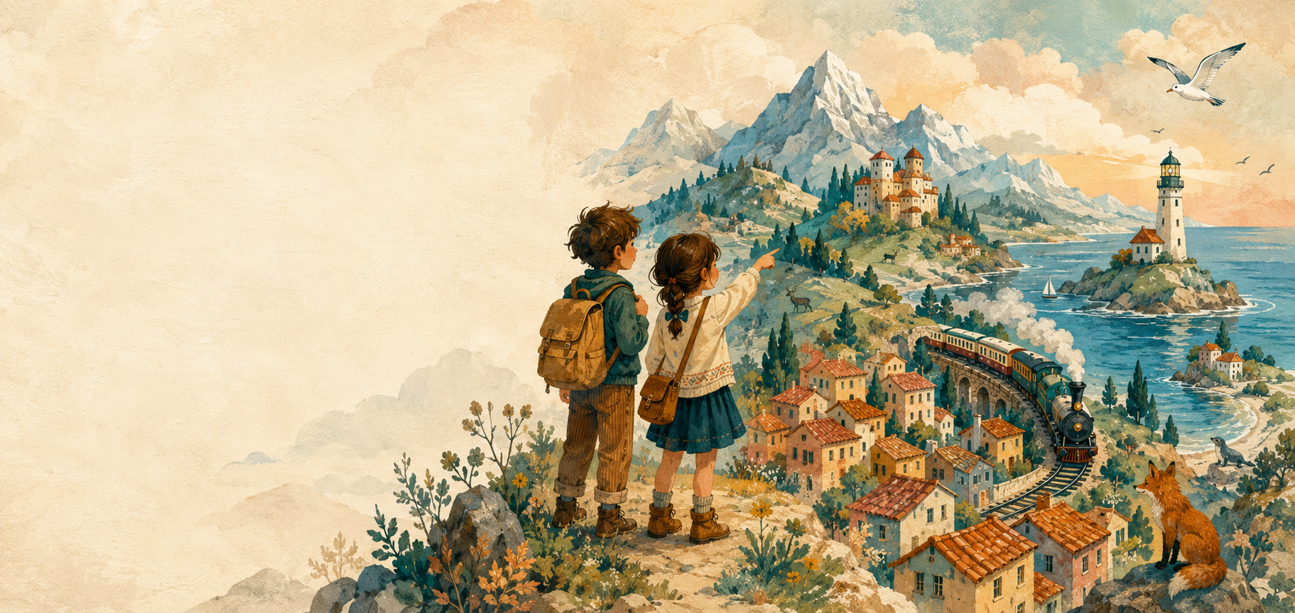 Two children exploring a storybook landscape without screens